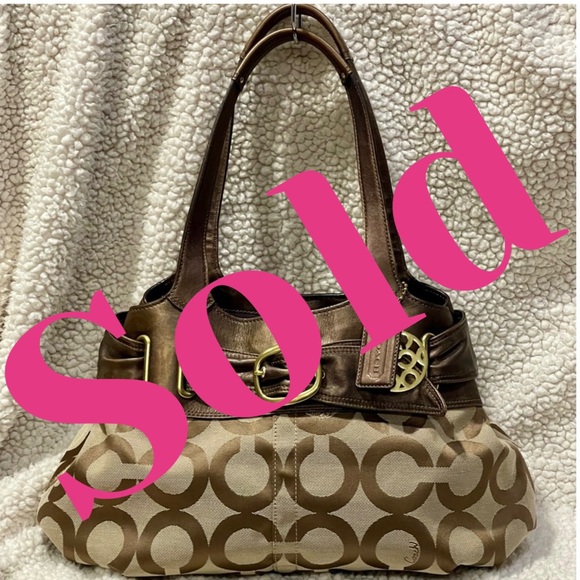 Coach Handbags - Coach Hobo Bronze Leather Signature Op Art Tote Bag With Hang Tags Y2K